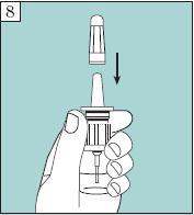8. Holding the bottle with two fingers under the two side arms of the pump, gently replace the protective cap on the nasal spray unit. Be careful not to depress the pump while this is being done. Once the pump is primed, the unit must be kept at room temperature between 15°C-30°C (59°F-86°F) in the upright position until the medication is finished.
