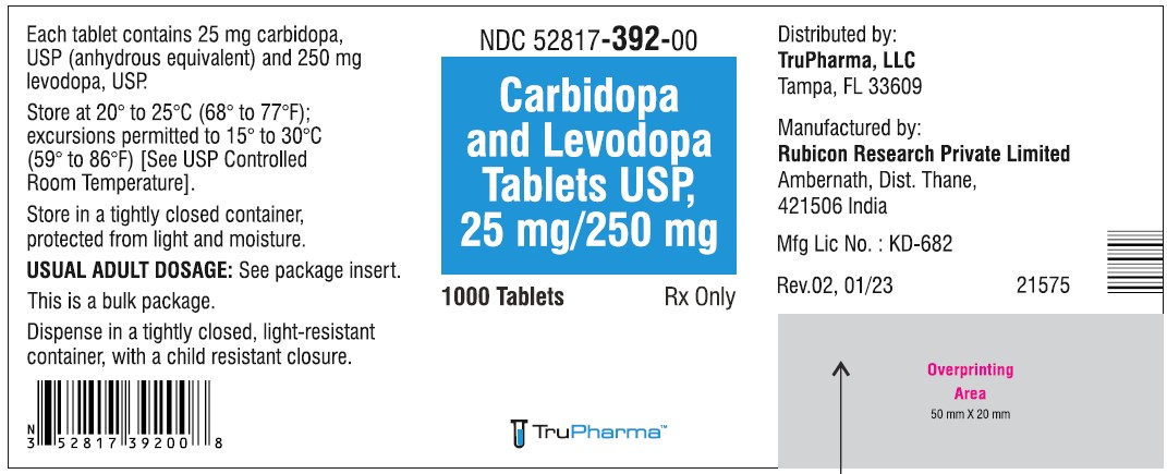 Carbidopa and Levodopa Tablets, USP 25 mg/250 mg - NDC 52817-392-00 - 1000 Tablets Bottle
