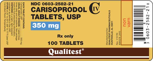 This is a picture of the label Carisoprodol tablets, USP, 350 mg, 100 count.