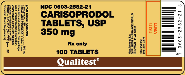 This is a picture of the label Carisoprodol tablets, USP, 350 mg, 100 count.