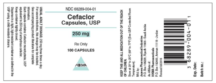 PRINCIPAL DISPLAY PANEL
NDC 68289-004-01
Cefaclor Capsules, USP
250 mg
100 Capsules
Rx Only
