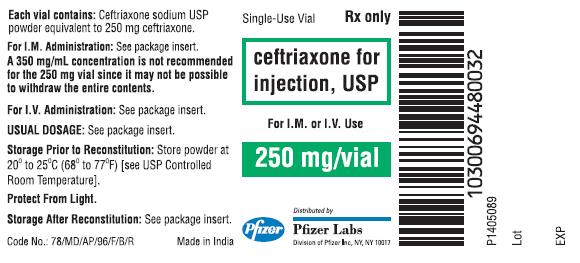 Ceftriaxone for Inj. - 250 mg Vial Label