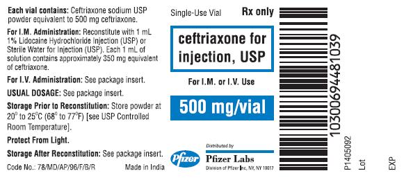Ceftriaxone for Inj. - 500 mg Vial Label