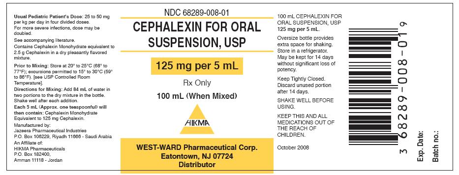 Cephalexin for Oral Suspension, USP, 125mg per 5mL --100 mL Package Label || NDC # 68289-008-01