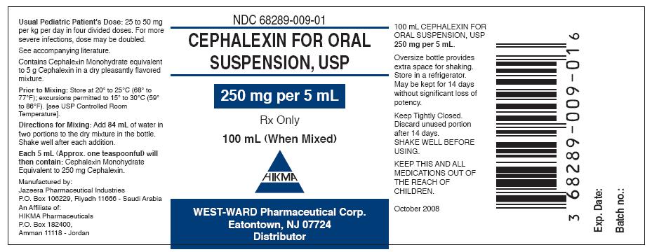 Cephalexin for Oral Suspension, USP, 250mg per 5mL -- 100 mL Package Label || NDC#68289-009-01