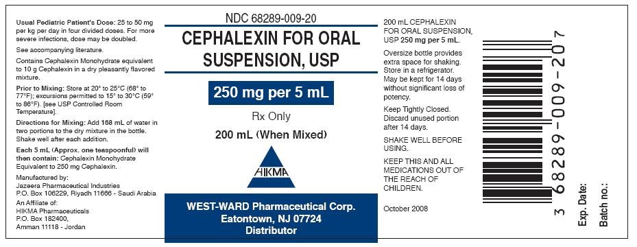 Cephalexin for Oral Suspension, USP, 250mg per 5mL -- 200 mL Package Label || NDC#68289-009-20