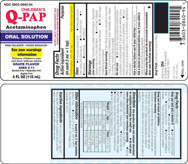 This is the label for Children's Q-Pap Acetaminophen Oral Solution (Grape flavor)