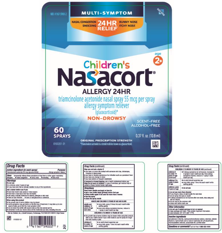 Original Prescription Strength
NDC 41167-5900-2
Multi-Symptom
Nasal Allergy Spray
Children's
Nasacort Allergy 24HR

triamcinolone acetonide nasal spray 55 mcg per spray 
allergy symptom reliever 
(glucocorticoid)*

60 Sprays

0.37 fl. oz. (10.8 ml)

*Triamcinolone acetonide
is a steroid medicine
known as a glucocorticoid.
