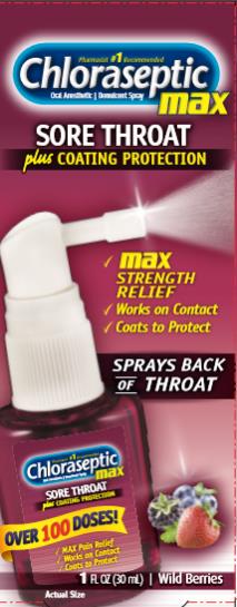 Chloraseptic® Max Sore Throat
Phenol Oral Anesthetic /Demulcent Spray  1 fl oz (30 mL) | Wild Berries
