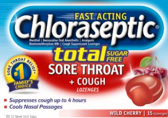 Chloraseptic® Total Sugar Free
SORE THROAT + COUGH Lozenges
Benzocaine / Menthol / Oral Anesthetic/Analgesic
Dextromethorphan HBr /Cough Suppressant
Wild Cherry|15 lozenges 
