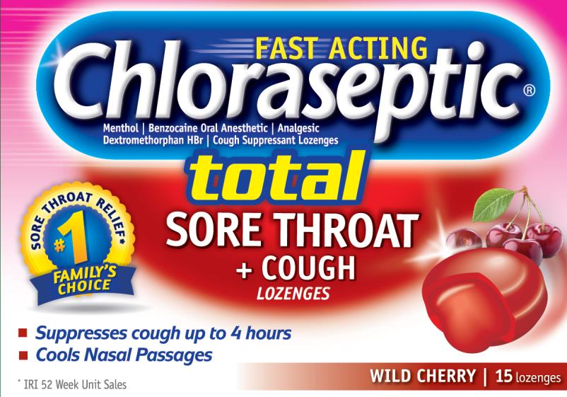 PRINCIPAL DISPLAY PANEL
Chloraseptic® Total SORE THROAT + COUGH Lozenges
Menthol/Benzocaine Oral Anesthetic/Analgesic
Dextromethorphan HBr Cough Suppressant
15 lozenges | Wild Cherry
