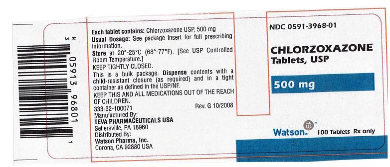 NDC 0591-3968-01
Chlorzoxazone
Tablets, USP
500 mg
Watson  100 Tablets   Rx only