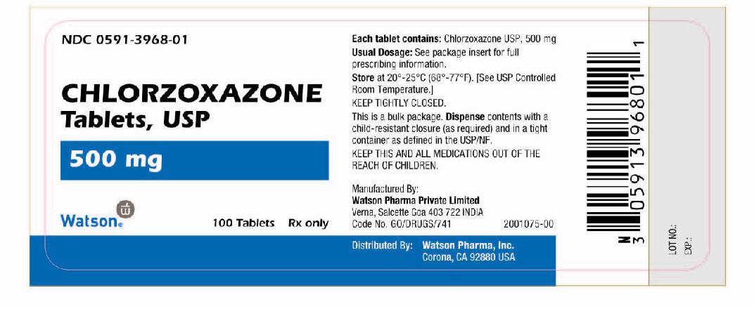 NDC 0591-3968-01 
Chlorzoxazone 
Tablets, USP
500 mg
Watson  100 Tablets   Rx only 

