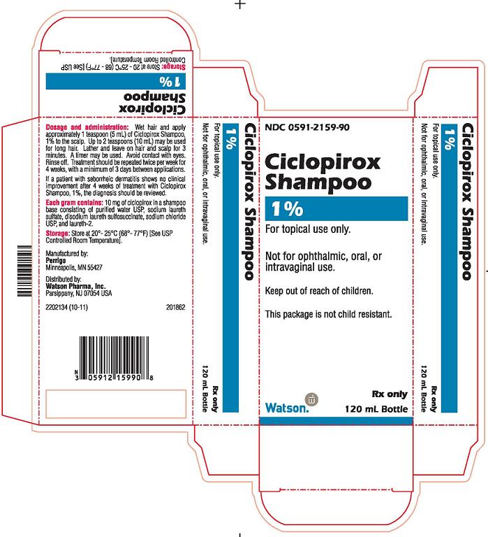 NDC 0591-2159-90 CICLOPIROX SHAMPOO, 1% For topical use only. Not for ophthalmic, oral, or intravaginal use. Keep out of reach of children. This package is not child resistant. Rx only 120 mL Bottle Watson