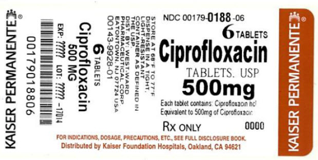 Ciprofloxacin Tablets, USP
500 mg/ 6 Tablets
NDC # 0179-0188-06
