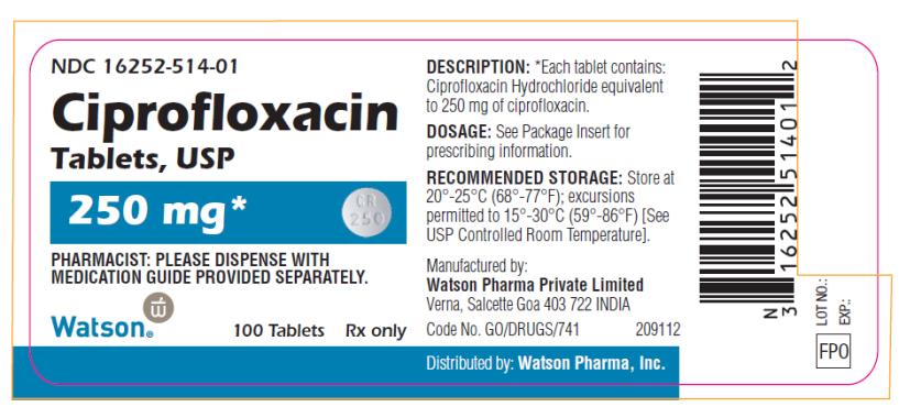 NDC 16252-514-01 Ciprofloxacin Tablets, USP 250 mg Watson Rx only 100 Tablets