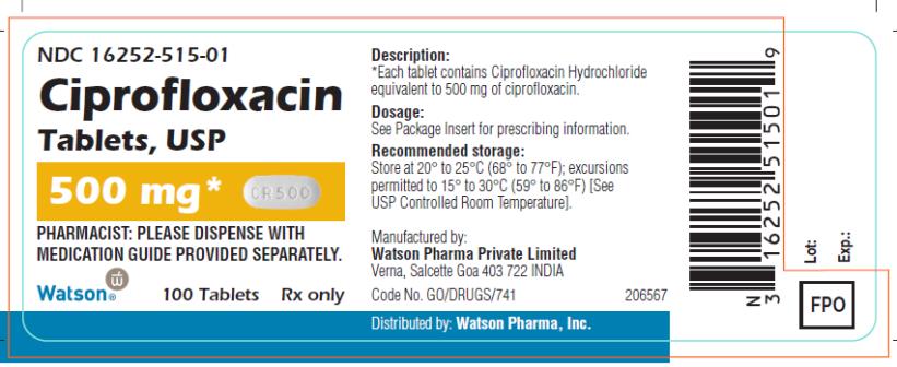 NDC 16252-515-01 Ciprofloxacin Tablets, USP 500 mg Watson Rx only 100 Tablets
