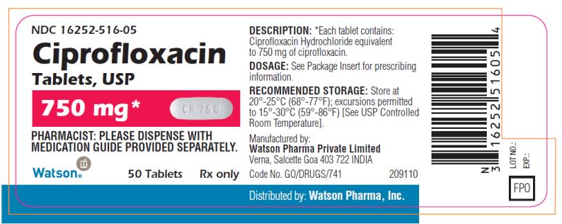 NDC 16252-516-05 Ciprofloxacin Tablets, USP 750 mg Watson Rx only 50 Tablets