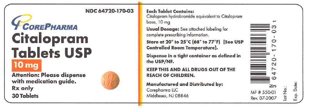 NDC 64720-170-03 CorePharma Citalopram Tablets USP 10 mg Rx Only 30 Tablets