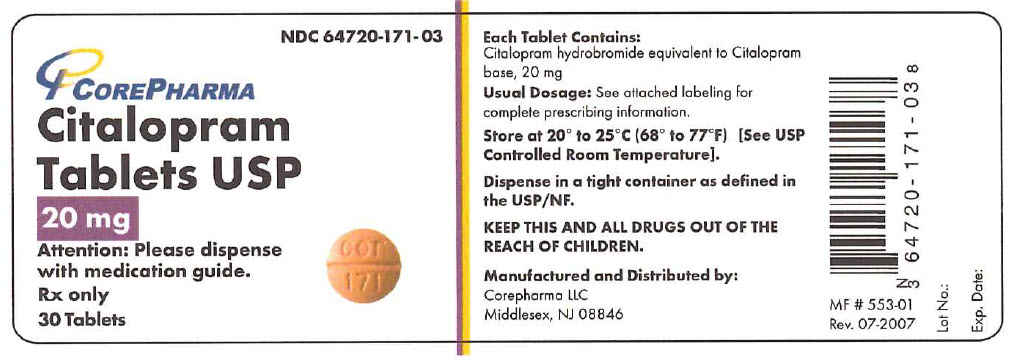 NDC 64720-171-03 CorePharma Citalopram Tablets USP 20 mg Rx Only 30 Tablets