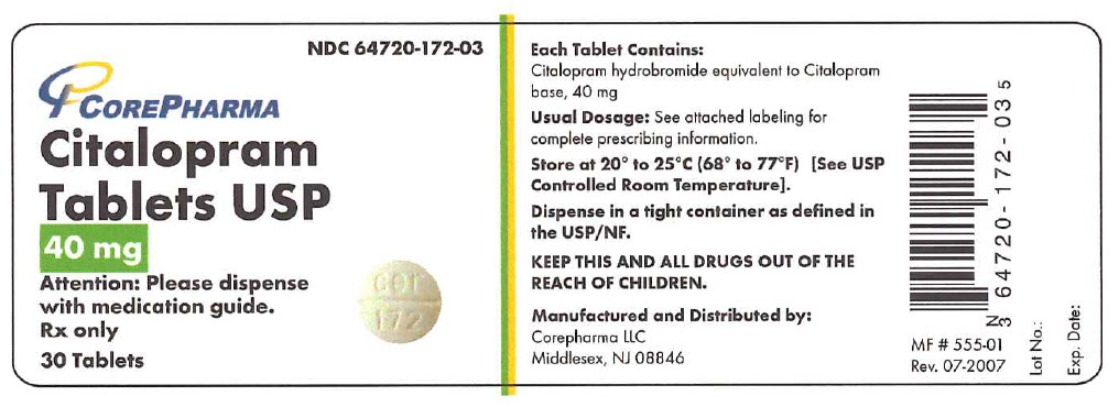 NDC 64720-172-03 CorePharma Citalopram Tablets USP 40 mg Rx Only 30 Tablets