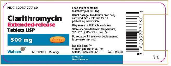 NDC 62037-777-60 Clarithromycin Extended-release Tablets USP 500 mg Watson 60 Tablets Rx only