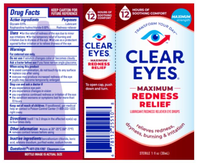 CLEAR EYES®
MAXIMUM
REDNESS RELIEF
LUBRICANT/REDNESS RELIEVER EYE DROPS
STERILE 1 FL OZ (30 mL)
