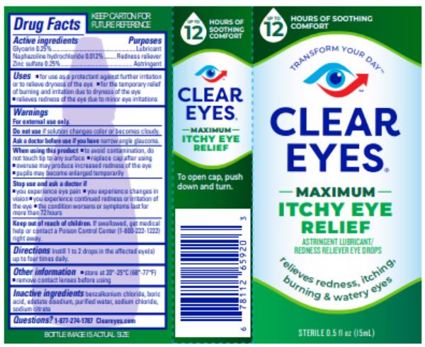 PRINCIPAL DISPLAY PANEL
CLEAR EYES®
MAXIMUM
ITCHY EYE 
RELIEF
ASTRINGENT LUBRICANT/
REDNESS RELIEVER EYE DROPS
STERILE 0.5 fl oz (15 mL)
