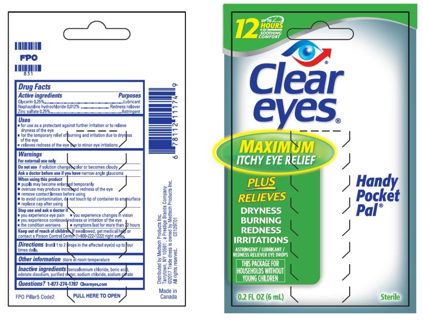 Clear eyes®
MAXIMUM 
ITCHY EYE RELIEF
ASTRINGENT/LUBRICANT/REDNESS RELIEVER EYE DROPS
Handy Pocket Pal 
Sterile 0.2 FL OZ (6 mL)

