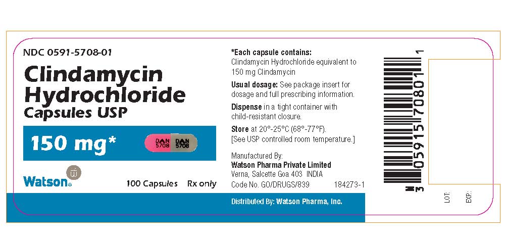 NDC 0591-5708-01 Clindamycin Hydrochloride Capsules USP 150 mg