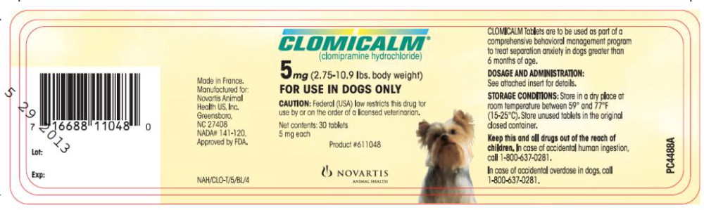 CLOMICALM®
(clomipramine hydrochloride)
5 mg (2.75 – 10.9 lbs. body weight)
FOR USE IN DOGS ONLY
CAUTION: Federal (USA) law restricts this
drug to use by or on the order of a
licensed veterinarian.
Net contents: 30 tablets
5 mg each
Product #611048
NOVARTIS ANIMAL HEALTH

