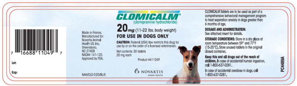 CLOMICALM®
(clomipramine hydrochloride)
20 mg (11 – 22 lbs. body weight)
FOR USE IN DOGS ONLY
CAUTION: Federal (USA) law restricts this
drug to use by or on the order of a
licensed veterinarian.
Net contents: 30 tablets
20 mg each
Product #611049
NOVARTIS ANIMAL HEALTH
