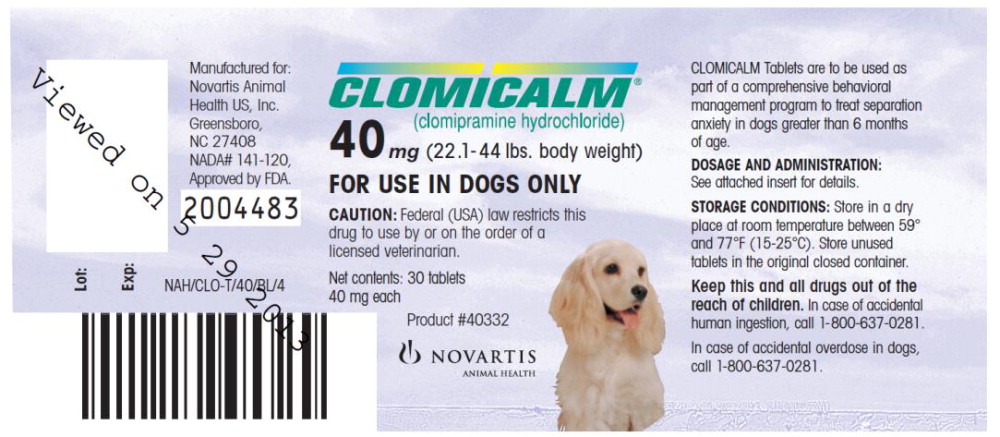 CLOMICALM®
(clomipramine hydrochloride)
40 mg (22.1 – 44 lbs. body weight)
FOR USE IN DOGS ONLY
CAUTION: Federal (USA) law restricts this
drug to use by or on the order of a
licensed veterinarian.
Net contents: 30 tablets
40 mg each
Product #40332
NOVARTIS ANIMAL HEALTH
