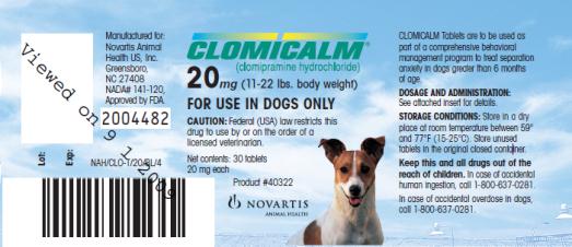 PRINCIPAL DISPLAY PANEL
CLOMICALM 5 mg
(clomipramine hydrochloride)
PROD. NO. 40312
CAS-NO 17321-77-6
NEW ANIMAL DRUG
NADA 141-120
ISSUED BY U.S. FDA, CENTER FOR VETERINARY MEDICINE
NAH/CLO-T/5/SL/1
NOVARTIS ANIMAL HEALTH
