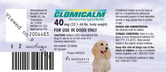 PRINCIPAL DISPLAY PANEL
CLOMICALM®
(clomipramine hydrochloride)
20 mg (11- 22 lbs. body weight)
FOR USE IN DOGS ONLY
CAUTION: Federal (USA) law restricts this
drug to use by or on the order of a
licensed veterinarian.
Net contents: 30 tablets
20 mg each
Product #40322
NOVARTIS ANIMAL HEALTH
NADA# 141-120, Approved by FDA.
NAH/CLO-T/20/BL/4
