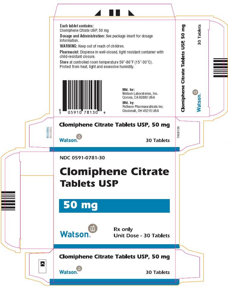 NDC: 0591-0781-30 Clomiphene Citrate Tablets USP 50 mg Watson Rx only Unit Dose - 30 Tablets
