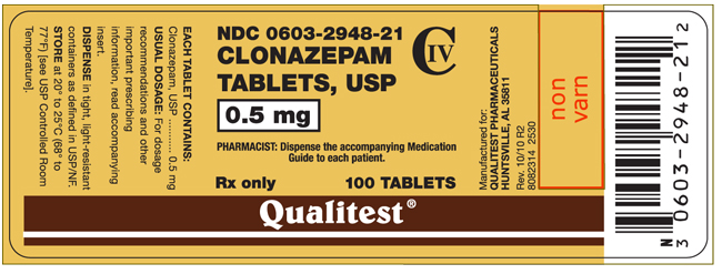 This is an image of the label for 0.5 mg Clonazepam Tablets, USP CIV.