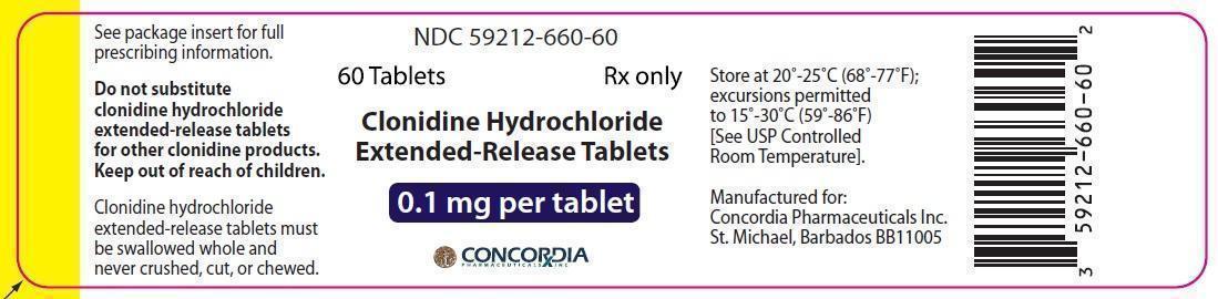 NDC 59212-660-60
60 Tablets Rx only
Clonidine Hydrochloride
Extended-Release Tablets 
0.1 mg per tablet
Manufactured for:
Concordia Pharmaceuticals Inc. St. Michael, Barbados BB11005

