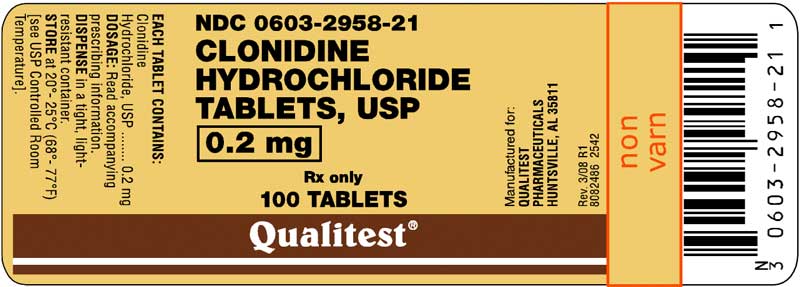 This is an image of the label for 0.2 mg Clonidine Hydrochloride Tablets.