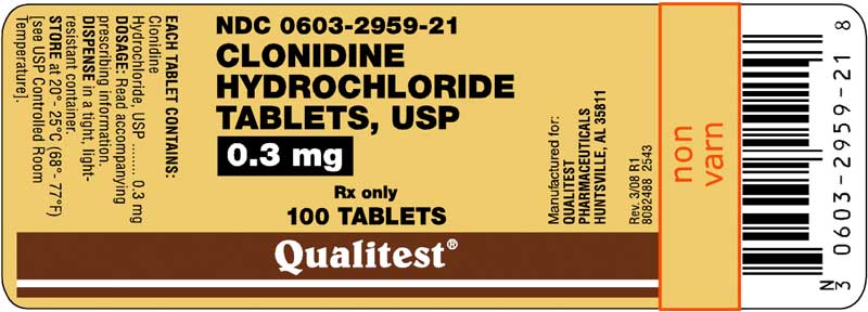 This is an image of the label for 0.3 mg Clonidine Hydrochloride Tablets.