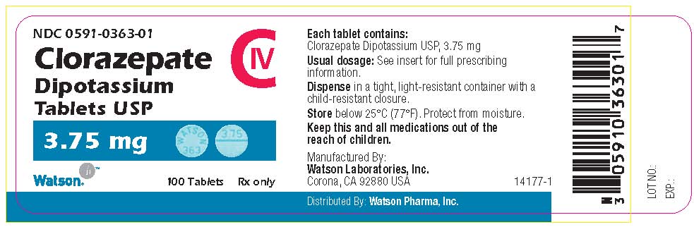 NDC 0591-0363-01
Clorazepate
Dipotassium
Tablets USP
3.75 mg
Watson             100 Tablets        Rx only