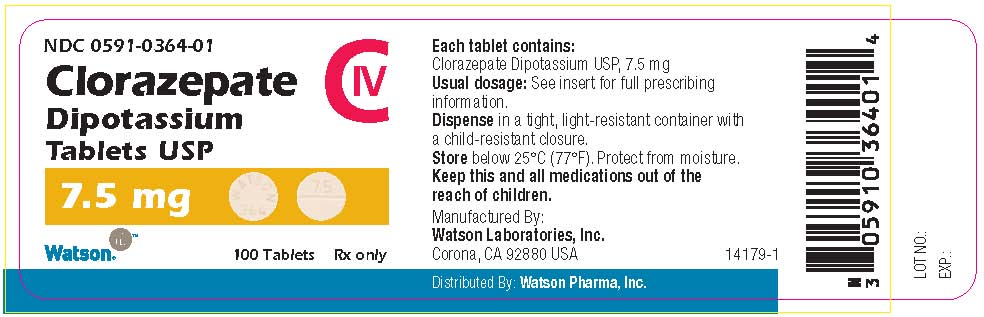 NDC 0591-0364-01
Clorazepate
Dipotassium
Tablets USP
7.5 mg
Watson             100 Tablets        Rx only