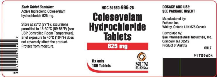 PRINCIPAL DISPLAY PANEL NDC 51660-996-28 Colesevelam Hydrochloride Tablets 625 mg 180 Tablets Rx Only