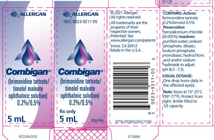 NDC 0023-9211-05
Combigan®
(brimonidine tartrate/timolo maleate ophthalmic solution)
0.2%/0.5%
Rx Only
5 mL
sterile
