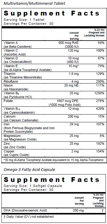 Complete Natal DHA Supplement Facts Table