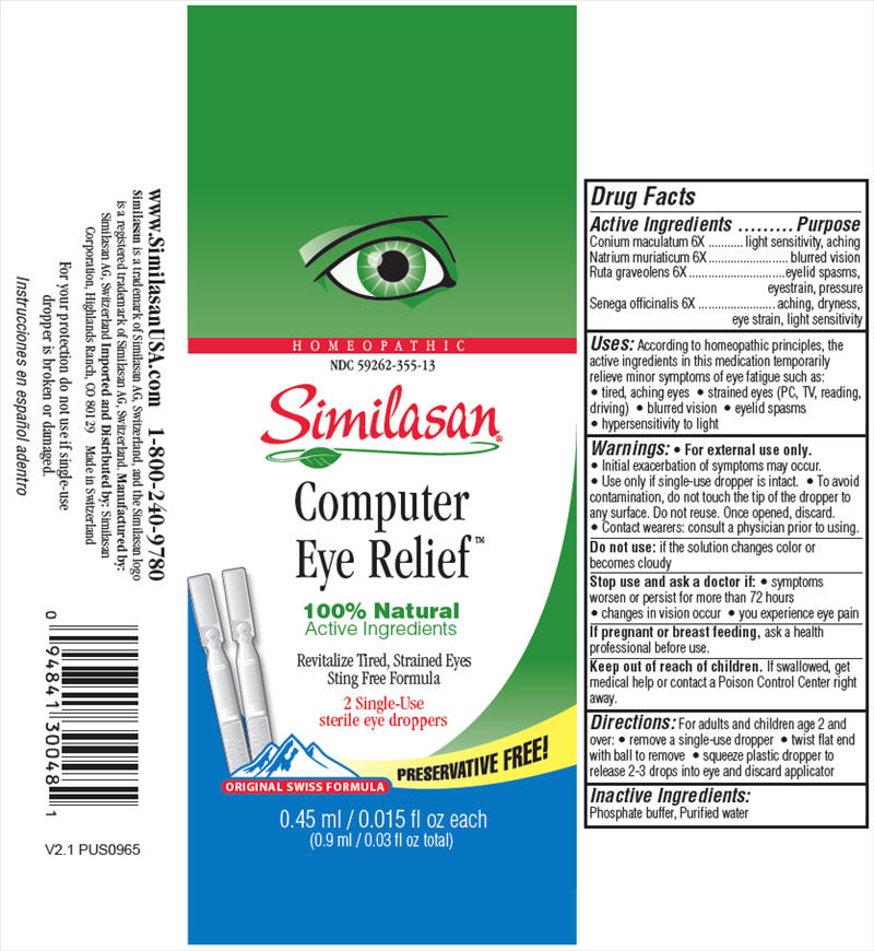 HOMEOPATHIC NDC 59262-355-13 Similasan Computer Eye ReliefTM 100% Natural Active Ingredients 2 Single-Use sterile eye droppers 0.45 ml/ 0.015 fl oz each (0.9 ml/ 0.03 fl oz total)