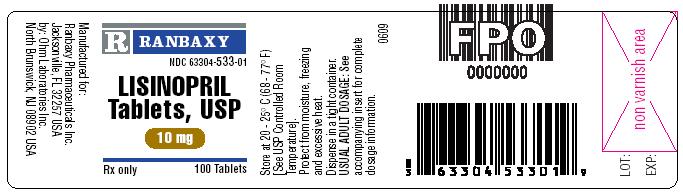 This is the Ohm 10 mg 100's label for Lisinopril tablets, USP.