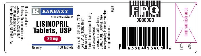 This is the Ohm 20 mg 100's label for Lisinopril tablets, USP.