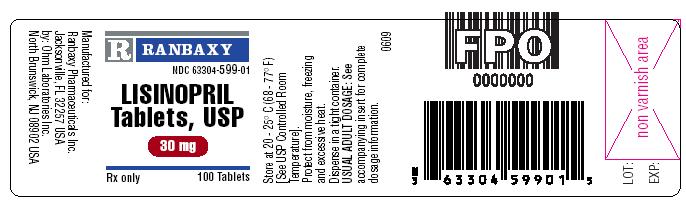 This is the Ohm 30 mg 100's label for Lisinopril tablets, USP.