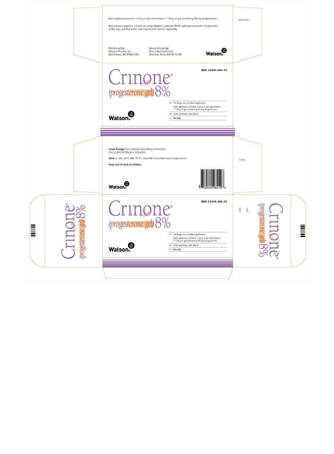 Crinone 8% (progesterone gel) Carton x 15 NDC 52544-284-12